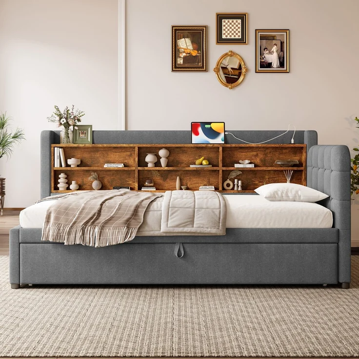 Daybett Leinen mit Ausziehbett, USB-Anschluss & Ablagen, 90x200 cm, Grau, ohne Matratze – Bild 2