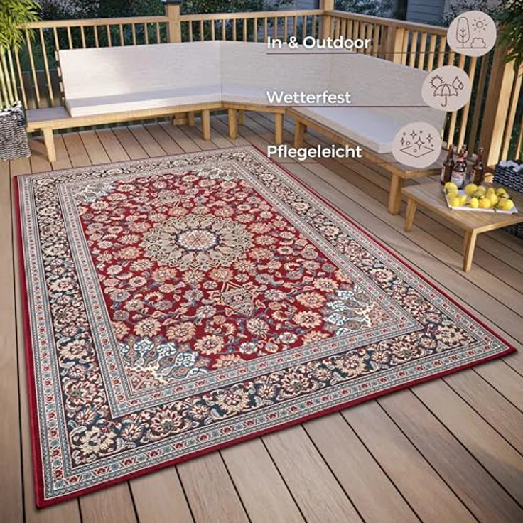 Hanse Home Kadi In- & Outdoor Teppich Orientalisch – Orient Flachgewebe, Orientalisches Design Klassisch, ÖKO-TEX Wetterfest & UV-beständig für Balkon, Terrasse, Garten – Rot Blau, 120x180 cm – Bild 4
