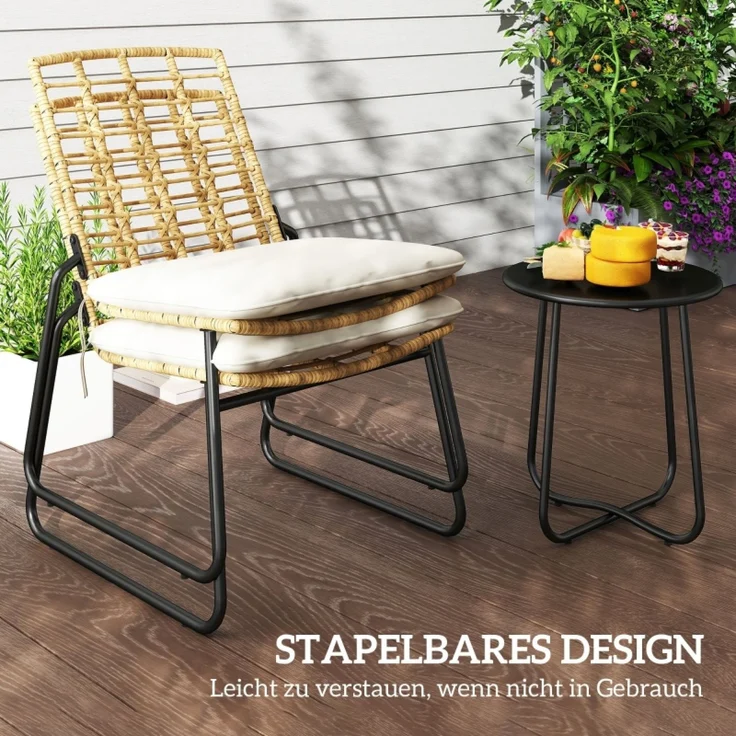 Flieks Gartenmöbel Set 3-tlg mit 2 stapelbar Stühle, Beistelltisch & Kissen, wetterfeste Rattan Lounge, Balkonmöbel Set für 2 Personen, Braun – Bild 7