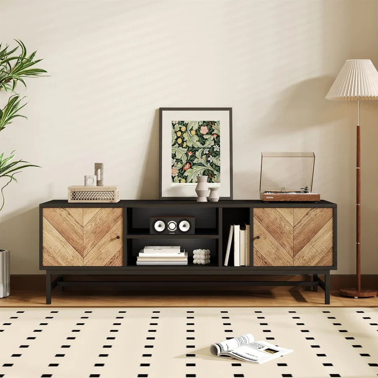 TV Schrank Schwarz Holzoptik 150x38 cm mit 2 Türen und offenen Fächern Metallbeine Sideboard Medienregal für Wohnzimmer – Bild 2