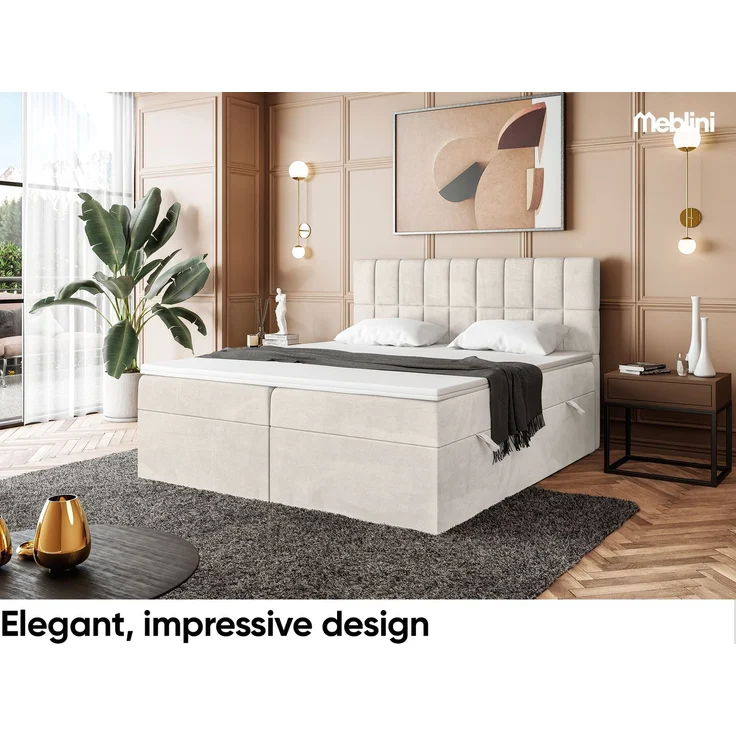 MEBLINI Boxspringbett LUKAS 200x200cm - H3/Beige Samt - mit Bettkasten - Polsterbett - Doppelbett mit Topper & Taschenfederkern-Matratze – Bild 3