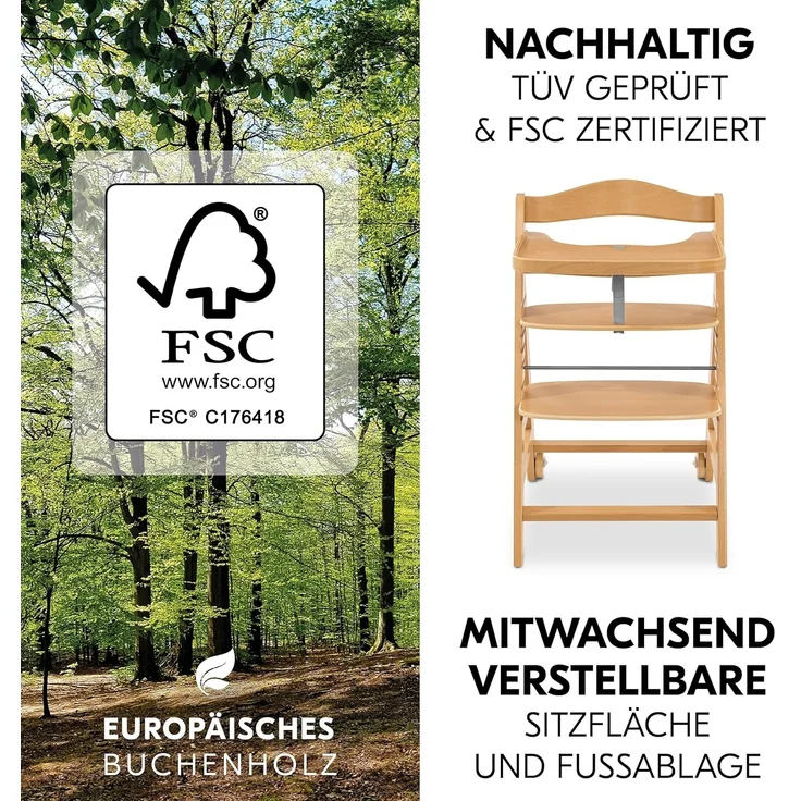 Hauck Hochstuhl Set Alpha Plus Move inkl. Essbrett, Sitzkissen und 2x Babyteller Silikon - mitwachsender Holz Babystuhl / Kinderhochstuhl mit Rollen, Gurt und Tisch - Natur Beige – Bild 6