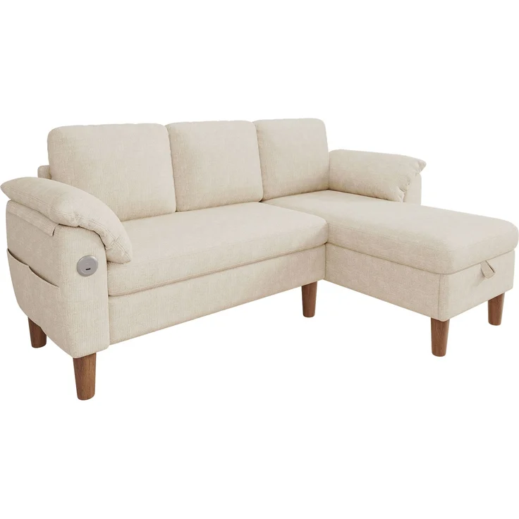 Merax L-förmiges Ecksofa, 3-Sitzer Sofa mit Stauraum-Chaiselongue, links/rechts montierbar, USB/Type-C-Ladeanschluss, Seitentasche, 2 halbfeste Armlehnenkissen, Chenille Stoff, Beige – Bild 8