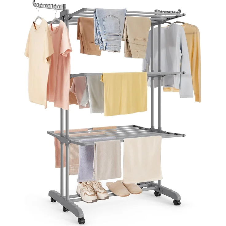 SONGMICS Wäscheständer, Standtrockner 4 Ebenen, Flügelwäscheständer, klappbare Flügel, mit Rollen, 63,5 x 125,5 x 173 cm, groß, einfacher Aufbau, Taubengrau LLR703G01