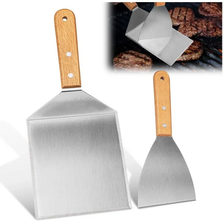 FOUORTUNATE-BEE Grillbesteck-Set 2er Grillspachtel Set Edelstahl Burger Spatel mit Holzgriff, Für Grillen BBQ Burger Steak Pfanne Camping Küche Zubehör Set