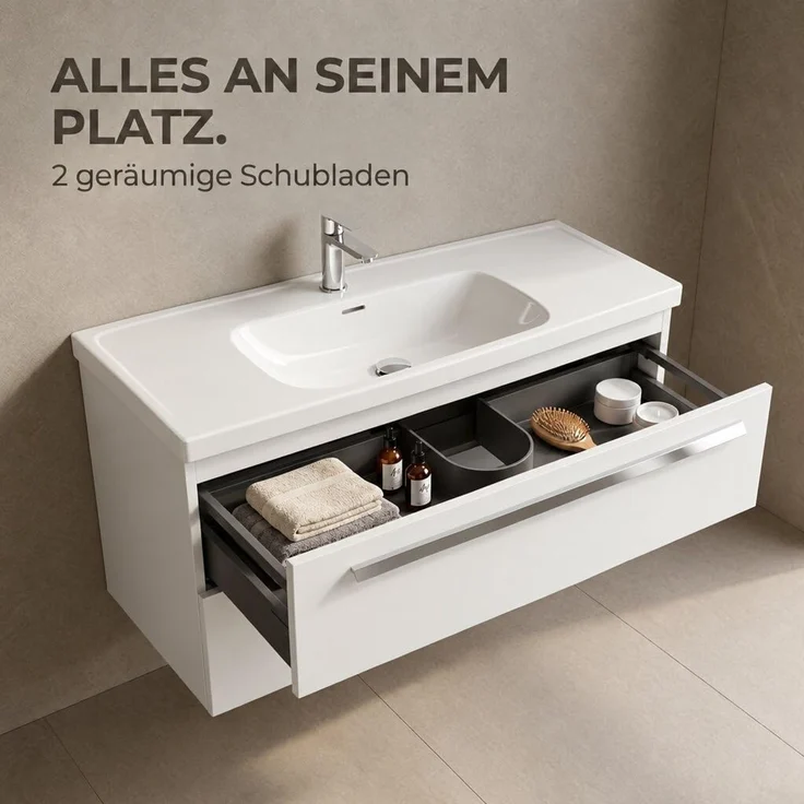 BADEDU TESSANO Waschbecken mit Unterschrank 120 cm breit, Weiß, Waschbecken Keramik Weiß – Bild 4