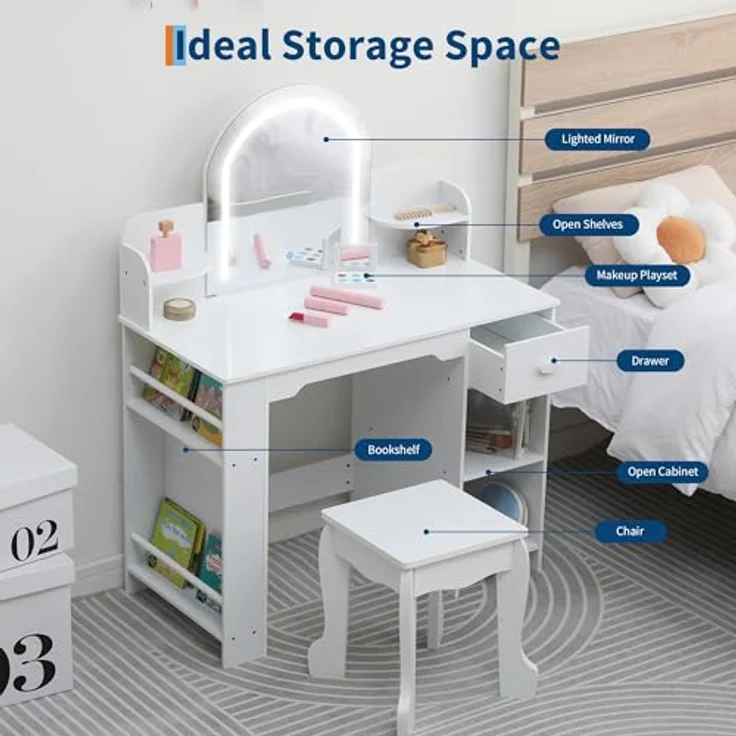 GarveeLife Schminktisch für Kinder mit Hocker und LED-Spiegel, Kleiner Schminktisch mit Schublade und 1 offenen Fächern, für Mädchen von 3-6 Jahren, weiß, inklusive Zubehör – Bild 2