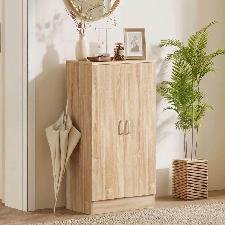 Schuhschrank mit 2 Türen, 6 verstellbare Regalböden, Soft-Close-Scharniere für 14 Paar Schuhe, Naturholz--Naturholz--108x35x55cm--YOUDENOVA – Bild 4