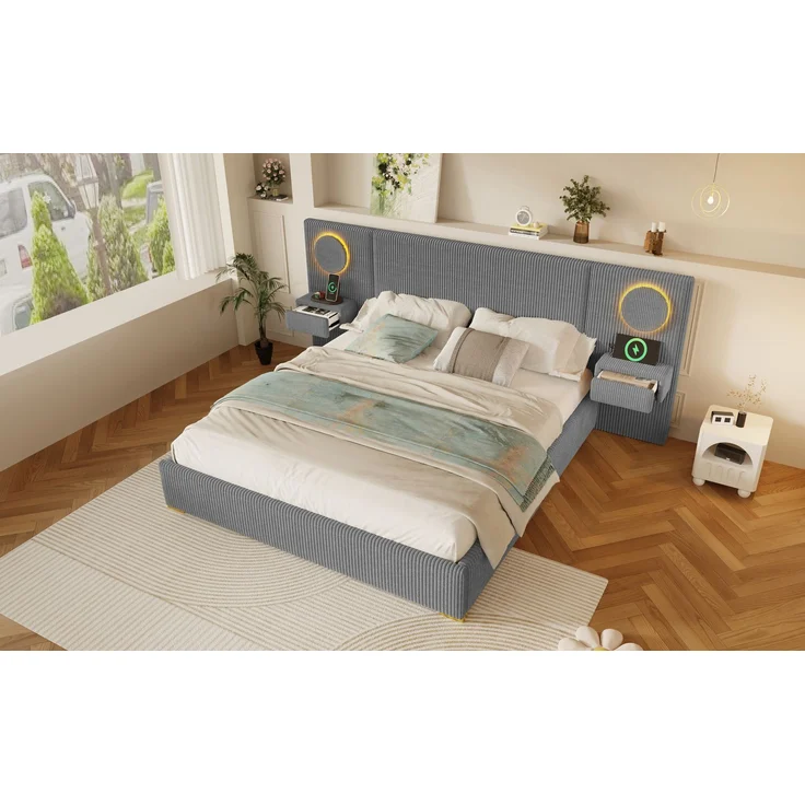 U-life Samtstoff Polsterbett 180x200 cm, fürs Schlafzimmer, USB-Anschlüssen, Samt, Grau – Bild 9
