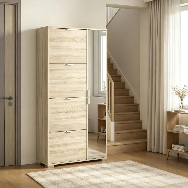 Schuhschrank mit 4 Klapptüren, 2 Schränken und Spiegelfronten für 16 Paar Schuhe, Eingangsmöbel--Eiche--82x30x168cm--YOUDENOVA