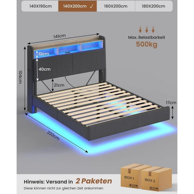 MSMASK Polsterbett Schwebebett mit 270°-LED-Beleuchtung, USB & Type-C Ladestation (Ohne Matratze), Doppelbett mit Stauraum-Kopfteil 140x200 cm – Bild 2