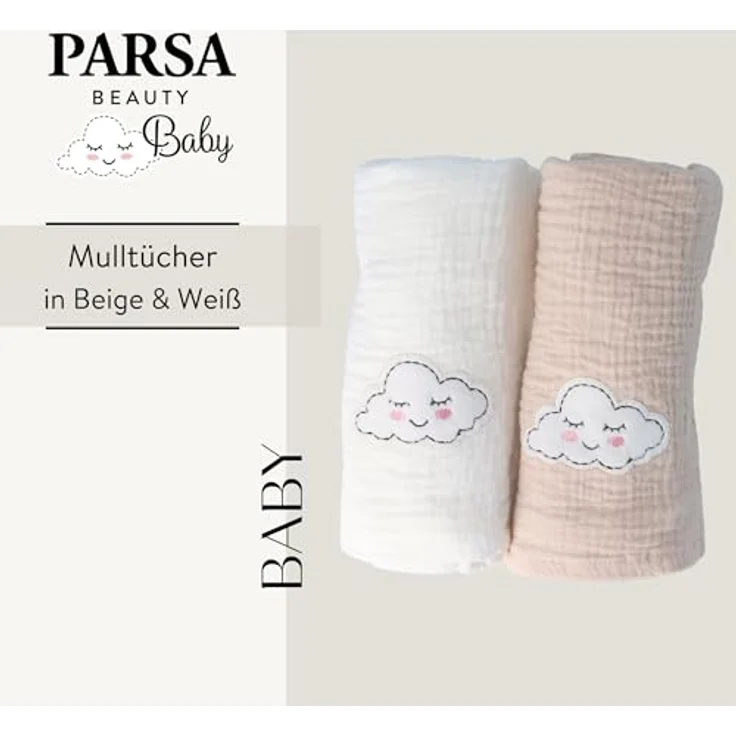 PARSA Beauty Baby Mulltücher, 2er-Set Musselin in Beige & Weiß mit Wölkchen, hautschonend und atmungsaktiv – Bild 2