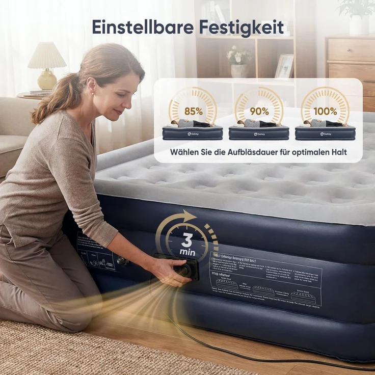 Sekey Luftbett mit integrierter Luftpumpe, Luftmatratze selbstaufblasend 2 Personen, 203 x 152 x 46 cm, blau / grau – Bild 3