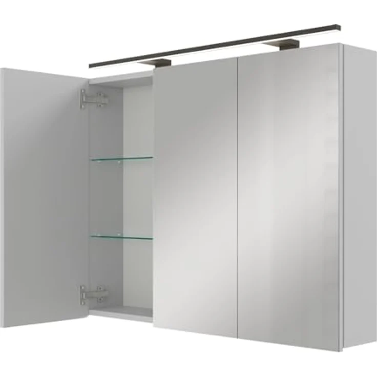 Planetmöbel ARIA Spiegelschrank Bad mit Beleuchtung 90 cm breit | Badschrank hängend mit Spiegel | Weiß Grau, mit Leuchte und Steckdose, Spiegelschrank Gäste WC 90 x 70 x 16 cm – Bild 2