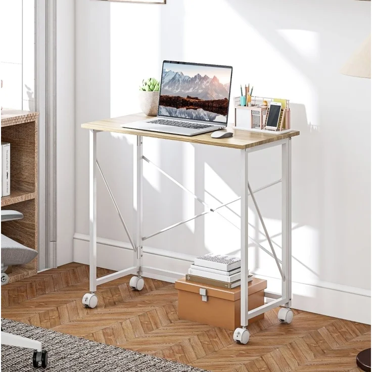 Klappbarer Schreibtisch 80x40x75 cm mit Rollen – MDF und Stahlgestell in Naturholzoptik – Bild 1