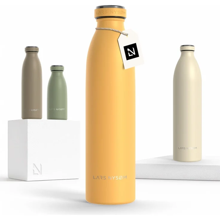LARS NYSØM Edelstahl Trinkflasche 350ml, 500ml, 750ml, 1L, 1 5 liter | Thermosflasche Kohlensäure geeignet | Auslaufsichere Wasserflasche für Sport, Outdoor (Mustard Yellow, 750ml)