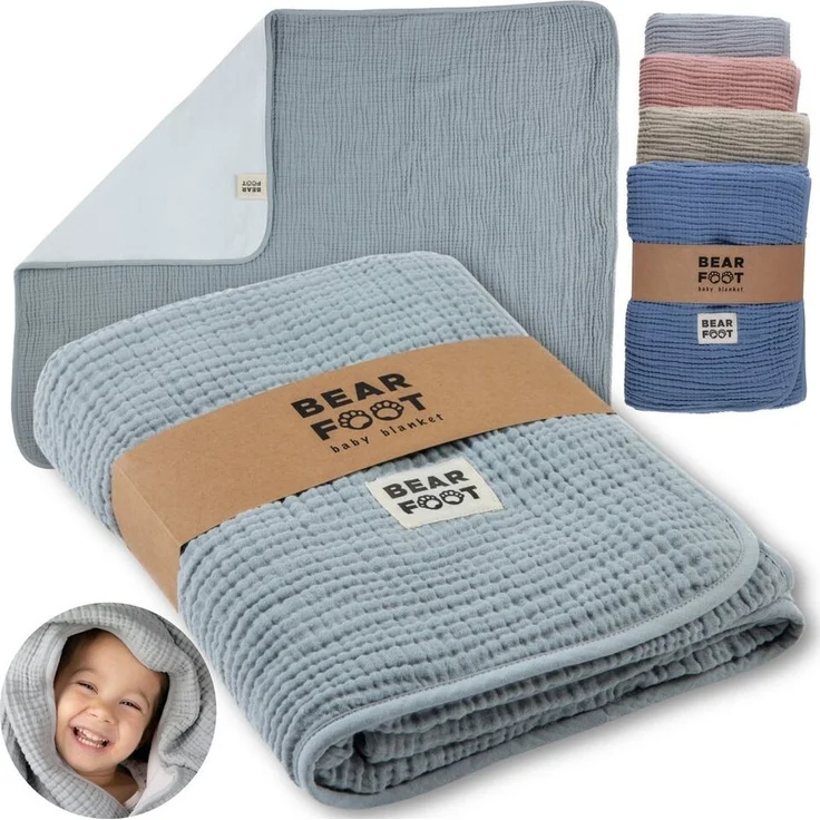 Babydecke Babydecke Musselin Fleecedecke flauschig weich - grau, BEARFOOT, flauschige Kuscheldecke, Baby, Neugeborene, Geschenk Junge & Mädchen – Bild 5
