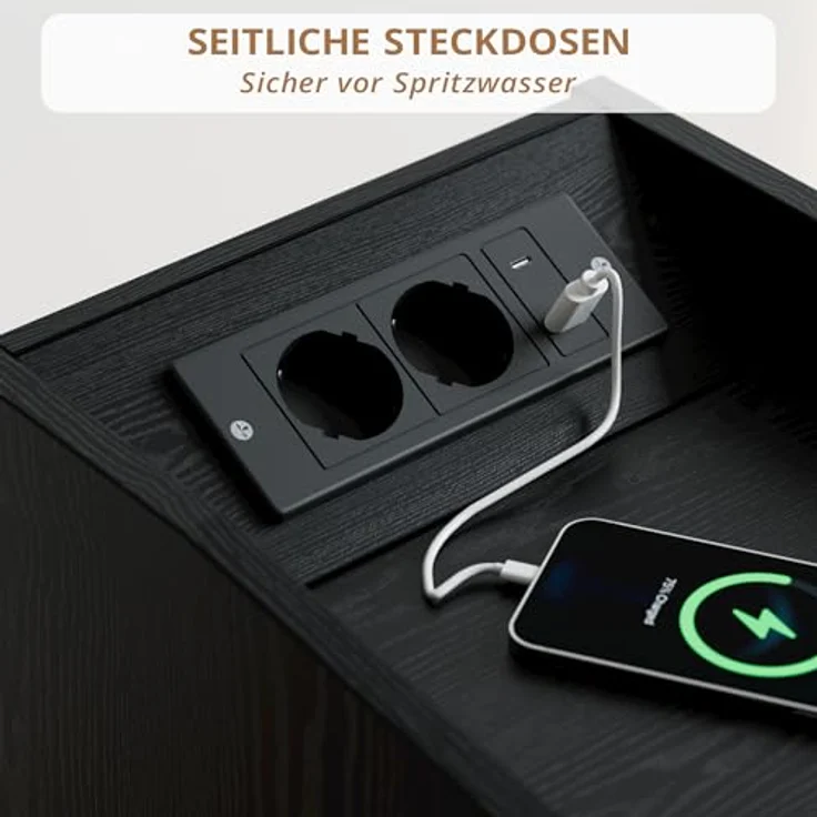 IRONCK Nachttisch Schmal, Beistelltisch mit Ladestation und LED, Schwarz | Bedside Table mit Offenem Fach für Schmale Räume Schlafzimmer, Wohnzimmer, 2 Schubladen,2 AC-Steckdosen,USB+Typ-C Anschlusse – Bild 5