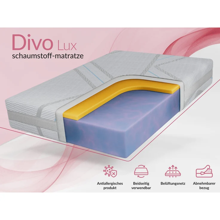 Schaummatratze mit abnehmbarer Abdeckung, Höhe 22 cm, Kaltschaum Matratze H2, Antiallergischer Bezug, Visco Schaum - 160 x 200 cm - DIVO - LUX – Bild 2