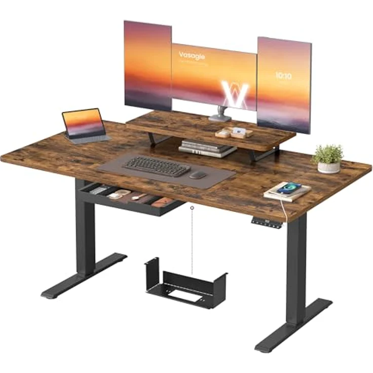 VASAGLE Höhenverstellbarer Schreibtisch, 140x70 cm, flexibel montierbarer Monitorständer, Schublade, USB-C-Anschluss, Erinnerung bei langem Sitzen, für Büro, vintagebraun LSD154KD01 – Bild 2