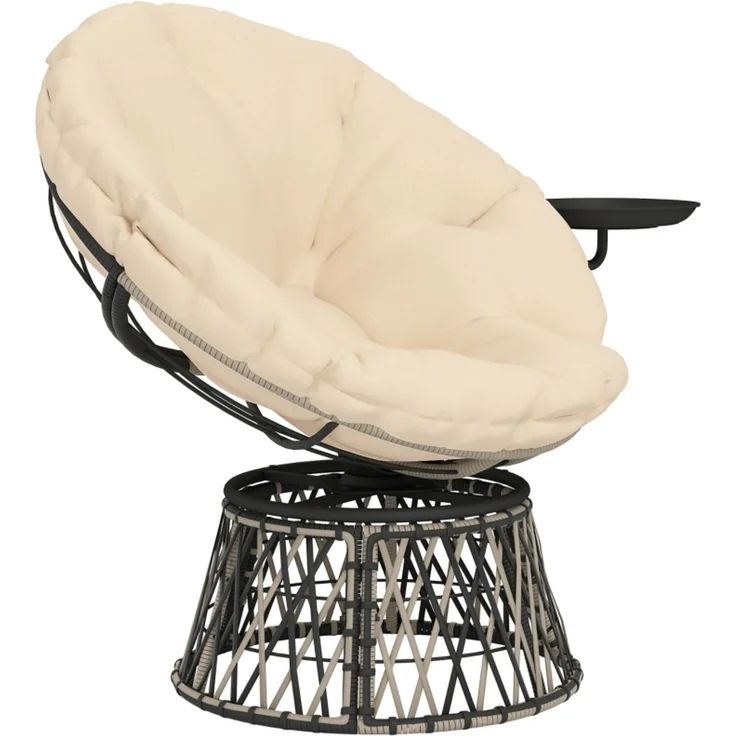 Papasan Sessel Rattansessel 360 Grad drehbar mit Seitentisch Rattan Stahlrahmen Lounge Sessel 120kg,Beige – Bild 1