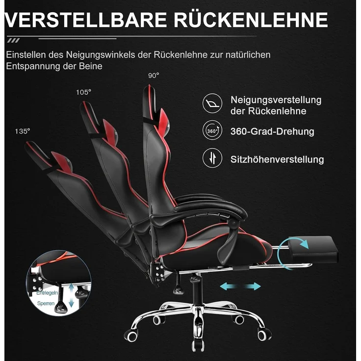 GTPLAYER Gaming Stuhl Bürostuhl Massage Gaming Sessel Ergonomischer Gamer Stuhl mit Fußstütze, Kopfstütze Massage-Lendenkissen, Gepolstert Gaming Chair, Drehsessel, rot – Bild 5