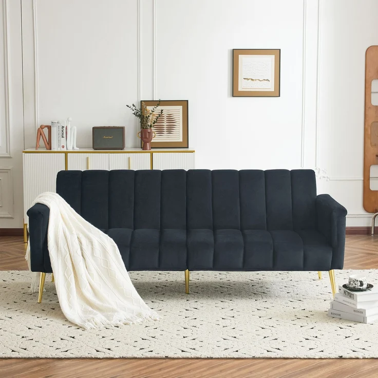 Schlafsofa 183 x 76 x 75 cm, 5-fach verstellbare Rückenlehne & Armlehnen, Samtstoff, multifunktionales Sofa mit Metallfüßen, bequemes Gästebett,Schwarz – Bild 4