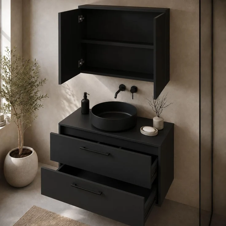 Badplaats Waschtischunterschrank Florence 80 x 46 cm - Mattschwarz - mit Spiegelschrank – Bild 4