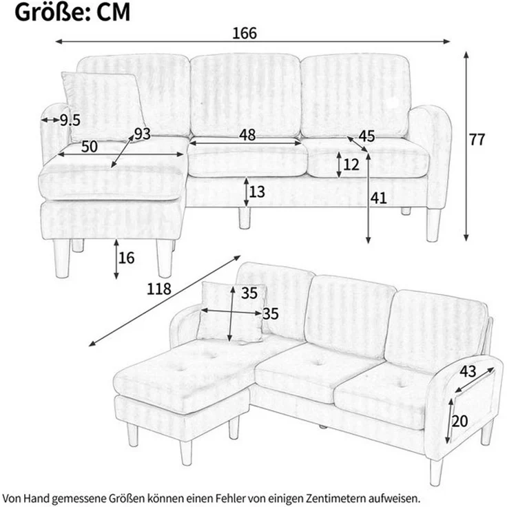 Merax Ecksofa L-förmiges Sofa mit Bettfunktion, Modulares Sofa aus Cordstoff, 1 Teile, 3-Sitzer Sofa mit Chaiselongue, Kissen & Kunststoffbeine, 166 x 118 x 77 cm – Bild 4