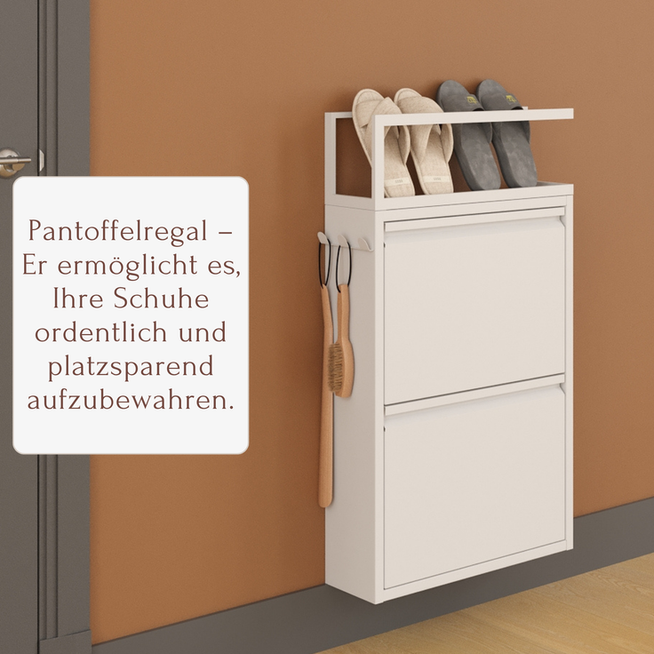 Schuhkipper mit Zubehör, Weiß, 2 Klappen 52x15x85,5 cm, Pantoffelregal, Hakenleiste