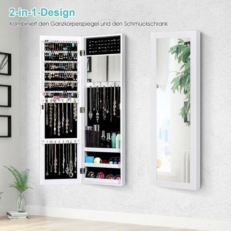 COSTWAY Schmuckschrank mit Ganzkörperspiegel, hängend, mit Haken, weiß – Bild 2