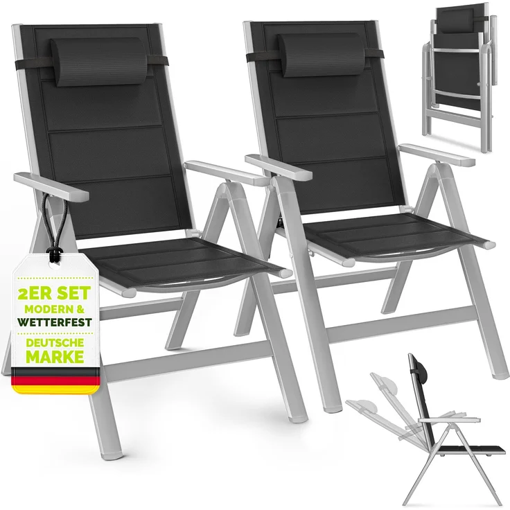 tillvex Gartenstuhl mit Polster Premium 2 Stück Silber klappbar aus Aluminium | Hochlehner mit Armlehnen | Klappstuhl verstellbar | Klappsessel Balkon Garten Terrasse – Bild 1