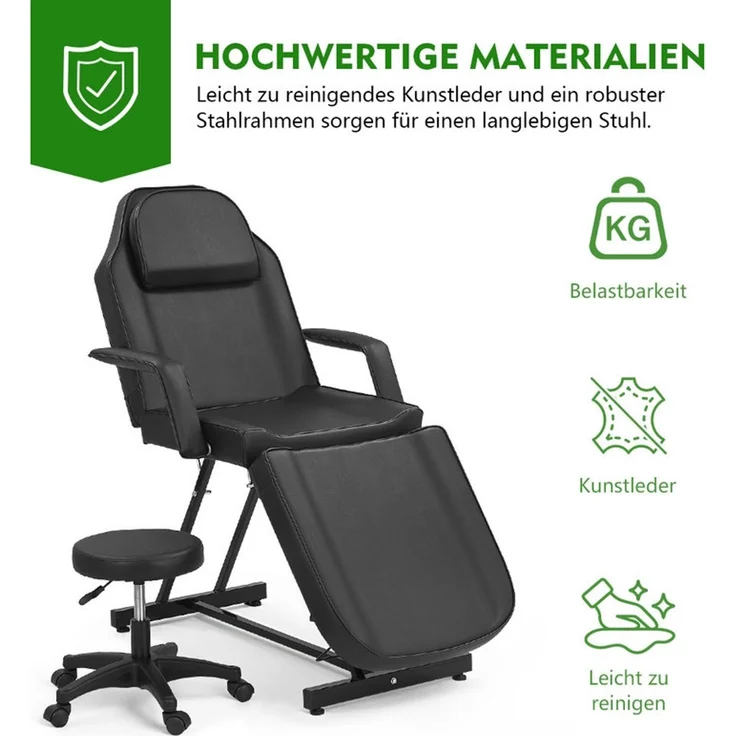 HOME NATURE WOHNKONZEPT Kosmetikliege mit Rollhocker, klappbare 3-Zonen Massageliege für Beauty, Spa, Tattoo & Salon, 182 x 81 x 74 cm, Schwarz – Bild 5