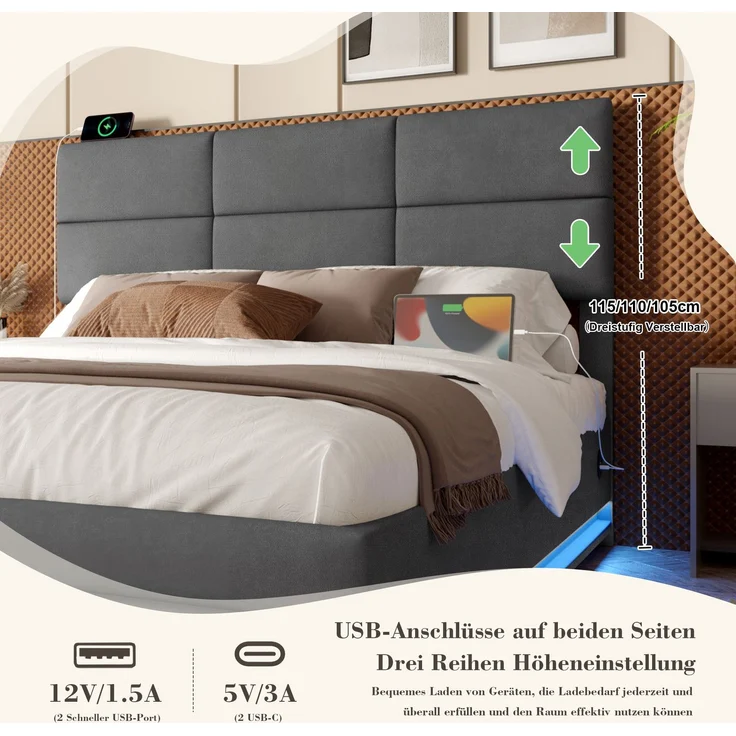 TavilaEcon Boxspringbett Modernes Polsterbett mit höhenverstellbarem Kopfteil & LED-Beleuchtung grau Liegefläche 140 × 200 cm – Bild 6