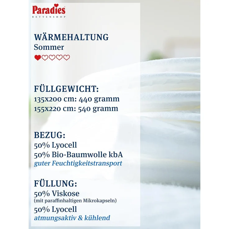 Paradies Cool Comfort Bio kühlend Sommer Bettdecke Sommerdecke 155x220 – Bild 2