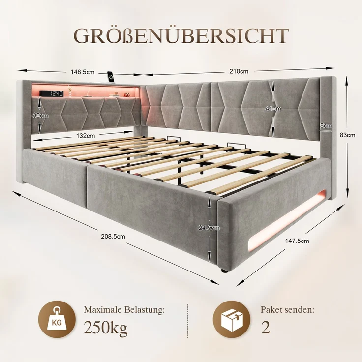 TavilaEcon Polsterbett Samtbett mit LED-Beleuchtung an Kopf- und Fußteil, USB & Type-C grau Liegefläche 140 × 200 cm – Bild 2