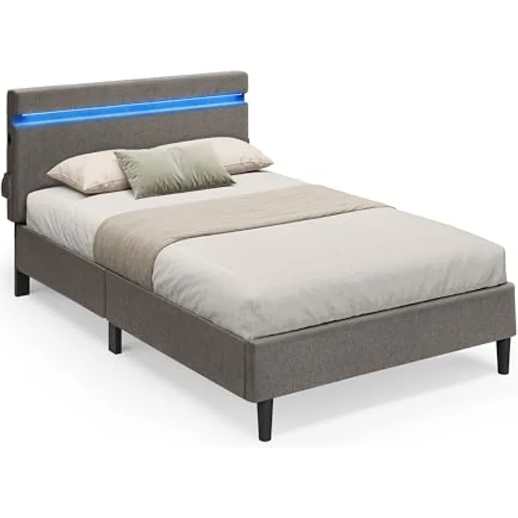 Vasagle Doppelbett mit LED-Beleuchtung, USB- und TYPE-C Anschluss, Vlies dunkelgrau, 90x190 cm