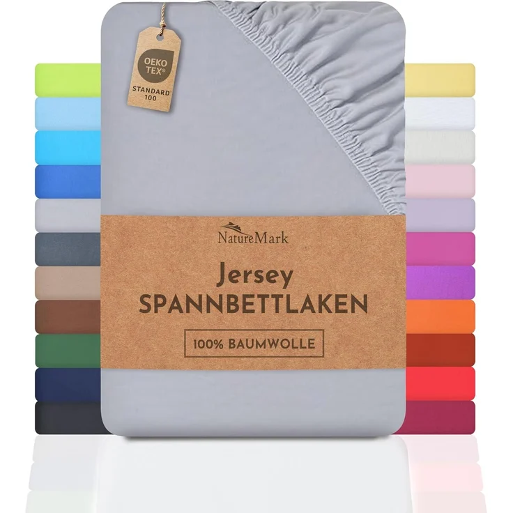 NatureMark Jersey Spannbettlaken, Spannbetttuch 100% Baumwolle in vielen Größen und Farben MARKENQUALITÄT ÖKOTEX Standard 100 | 180x200 cm - 200x200 cm - Silber grau