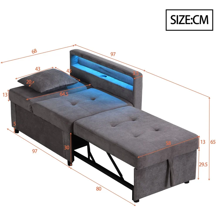 Merax Polsterbett Schlafsofa 3 in 1 Multifunktions-Schlafsofa, Leinenstoffsofa mit verstellbarer Rückenlehne, Die Armlehne verfügt über LED-Lichtleisten und USB-/Typ-C-Anschlüsse, Dunkelgrau – Bild 4