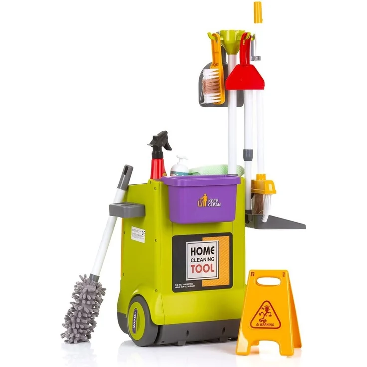 Chipolino Kinderspielzeug Putzwagen 16-teilig Staubwedel Besen Eimer Warnschild bunt – Bild 3