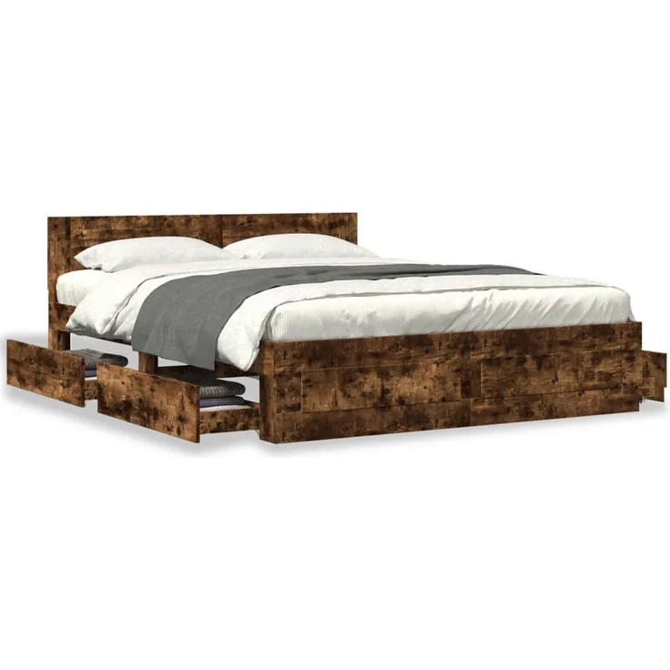 vidaXL Bettgestell mit Kopfteil Räuchereiche 160x200 cm Holzwerkstoff 3295552 – Bild 4