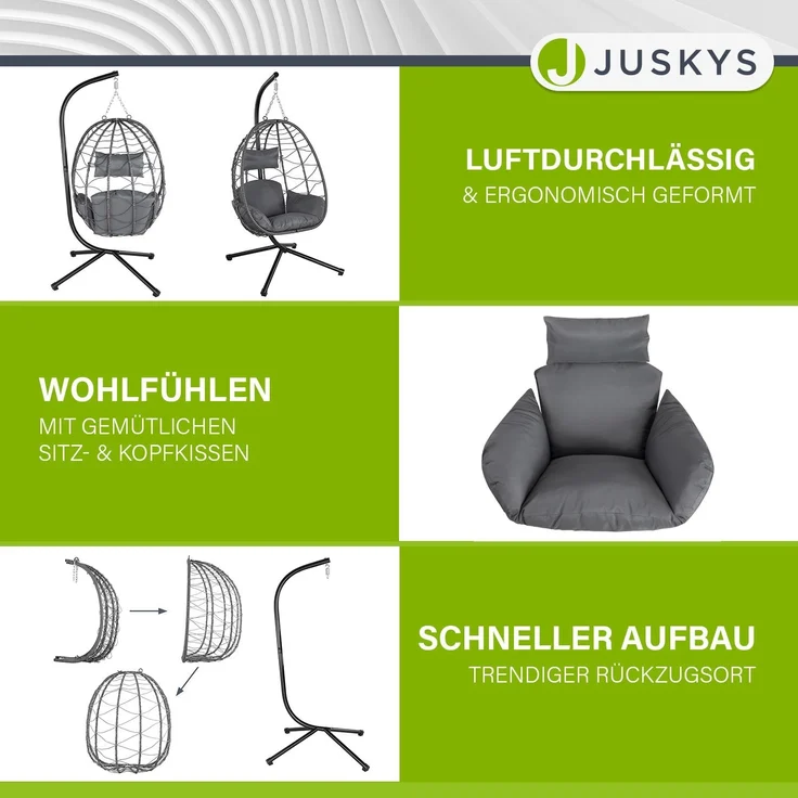 Juskys 'Aria' Hängesessel mit Kissen, höhenverstellbar & faltbar, Polyrattan dunkelgrau, bis 130 kg belastbar – Bild 6