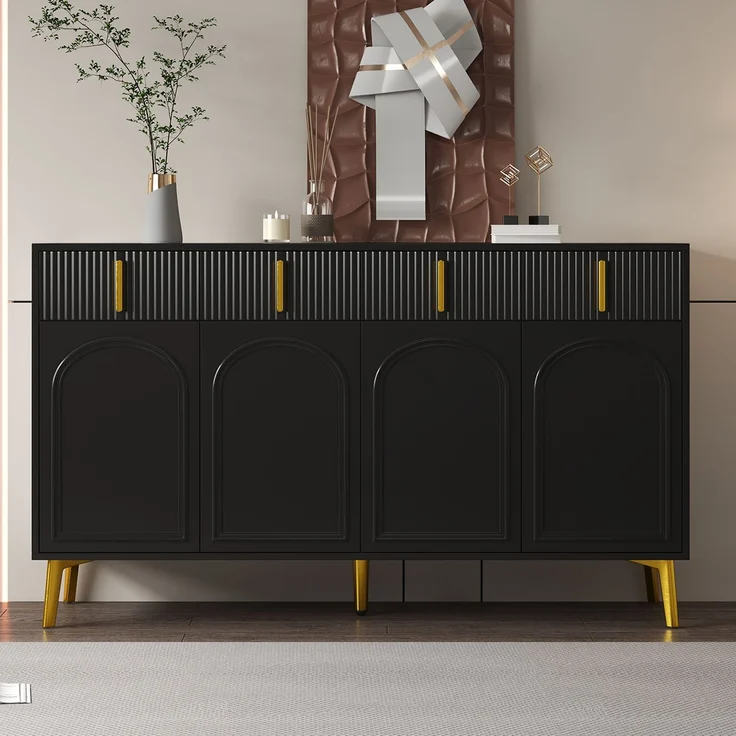 Sideboard 140 x 38 x 82 cm aus MDF, Schwarz mit goldfarbenen Akzenten – Bild 2
