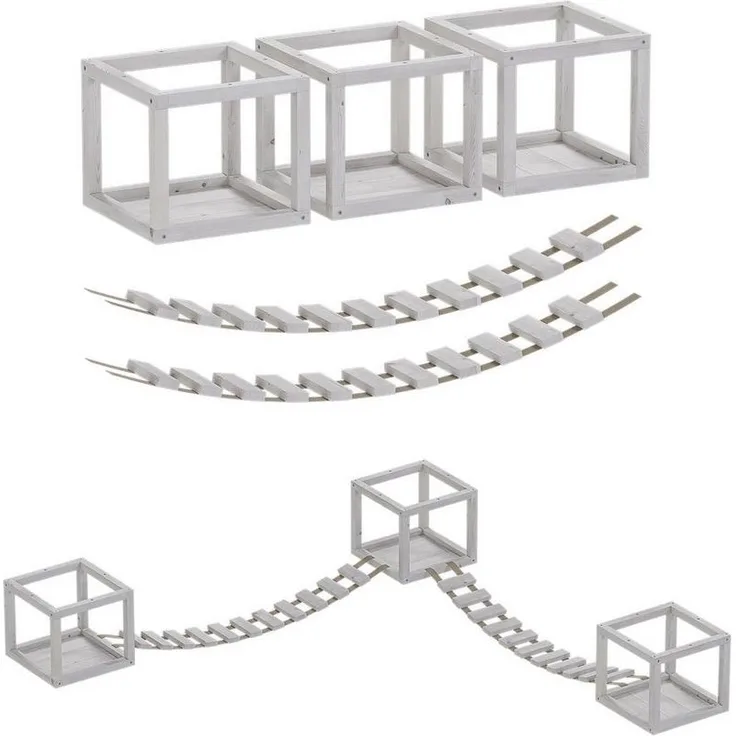 QLS Katzen-Kletterwand Deckenmontage, Set mit 2 Brücken und 3 Liegen aus Holz