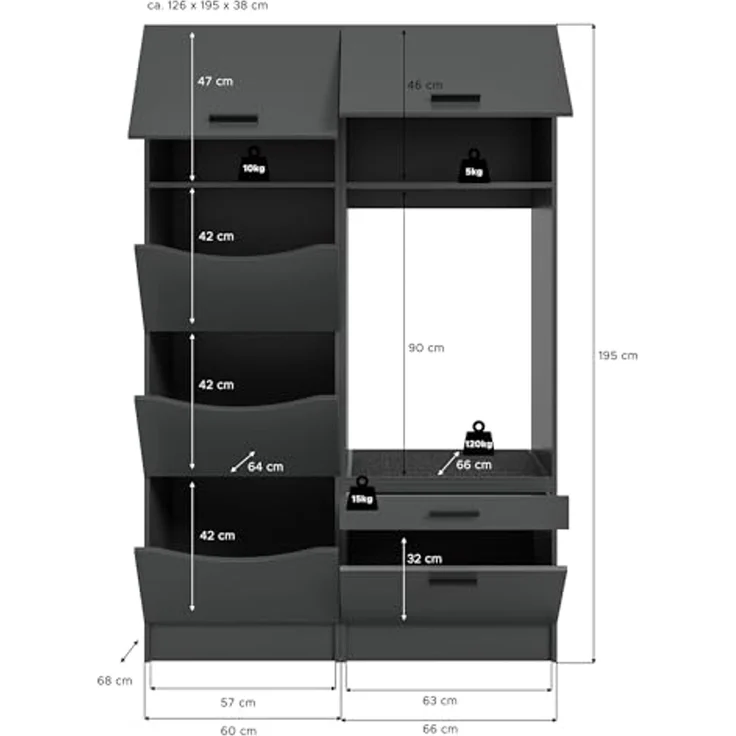 Waschmaschinenumbauschrank >Free< in Anthrazit - 126x195x68cm (BxHxT) – Bild 3