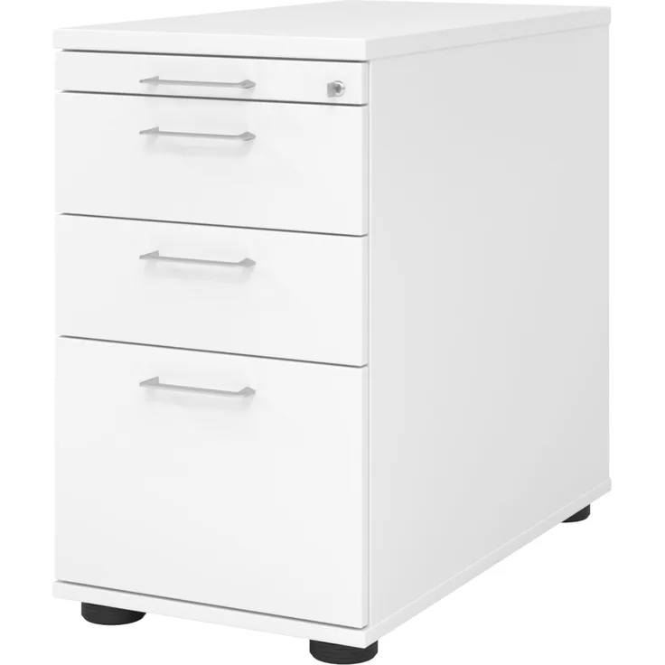 bümö Schreibtisch Schrank Büro mit Hängeregister für Hängeordner, Schubladenschrank Holz in weiß, Container mit Schubladen & Hängeregistratur - Schreibtisch Kommode mit Bügelgriffe, SC40-W-W-BS