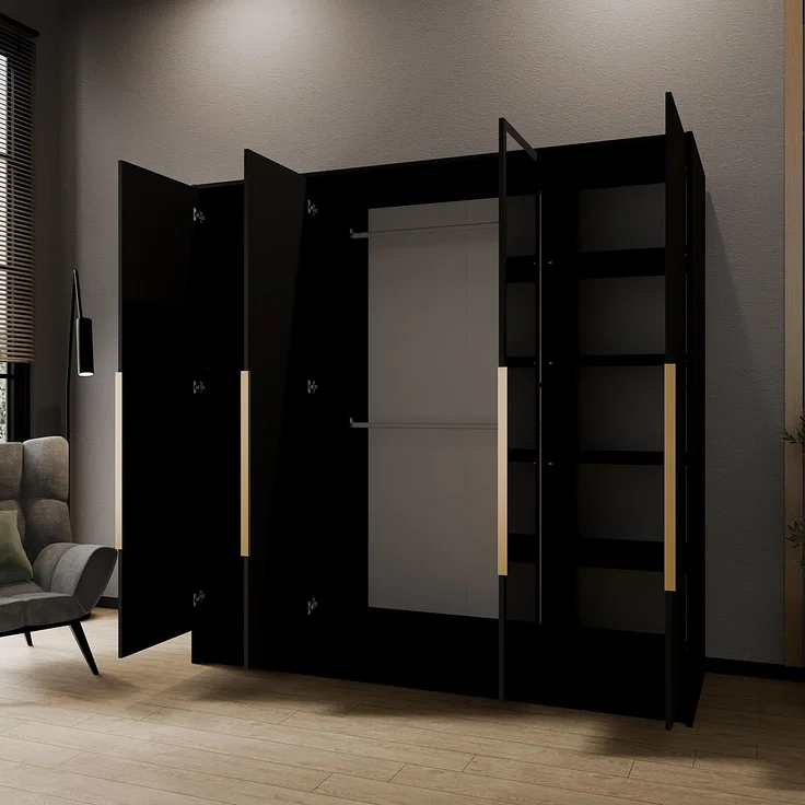 MEBLINI Kleiderschrank LUSINDA 200cm - Schwarz Matt - mit goldfarbenen Griffen - Drehtürenschrank mit zwei Spiegeln - Kleiderstangen und Regalböden – Bild 4