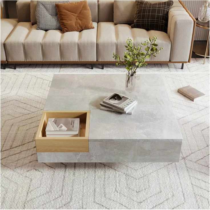 STILVORA Couchtisch mit herausnehmbarer Stauraumbox, Wohnzimmertisch mit Hochglanz & LED, Betongrau und Holzfarbe, 72x72x30 cm