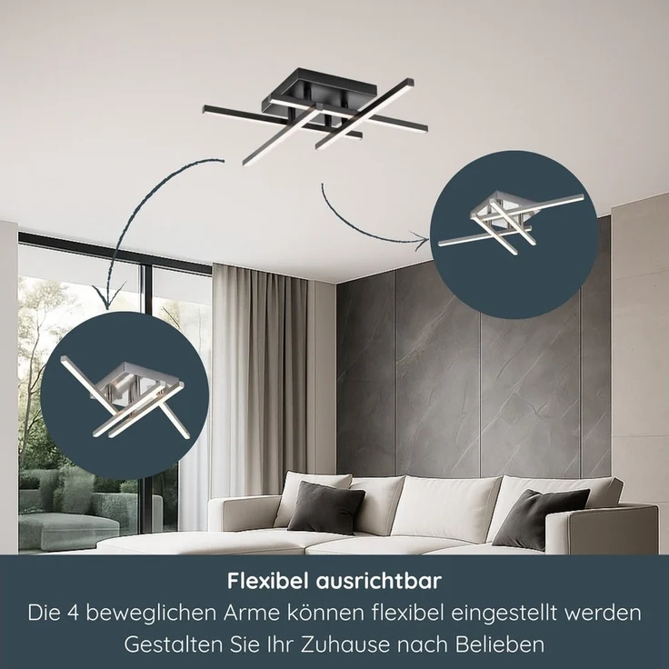 MeLiTec LED Deckenleuchte D121, warmweiß, nickel matt, aus Metall, verstellbare Arme, moderne Deckenlampe eckig – Bild 2