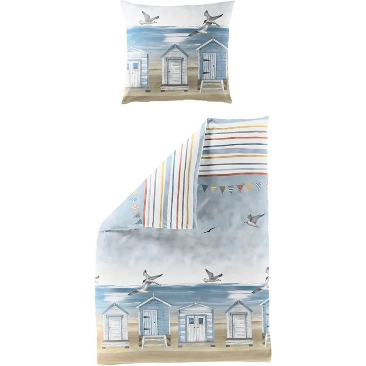 Bierbaum Seersucker Bettwäsche 155x220 Strandhaus Meer Möven blau 4083-20